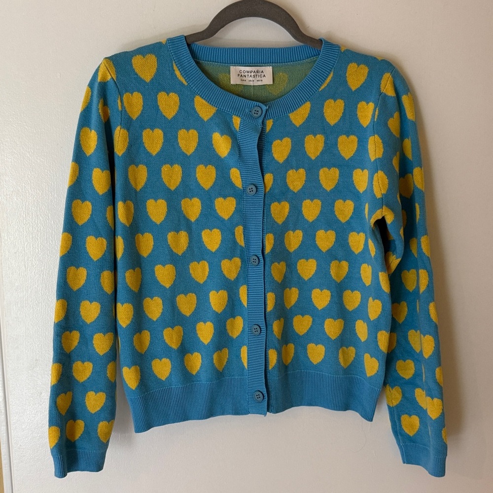 Blue and Yellow Heart Pattern Button Up Sweater Cardigan